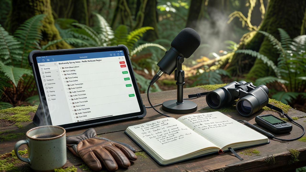Integrating Voice Transcription Workflows With Note Hierarchies for Field Researchers in Remote Biodiversity Surveys