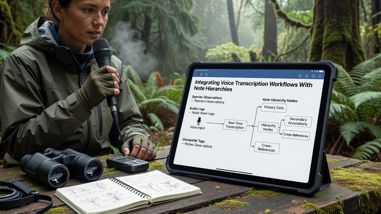 Portable recording setup with hierarchical note interface displayed on a rugged tablet in a mountainous biodiversity survey location