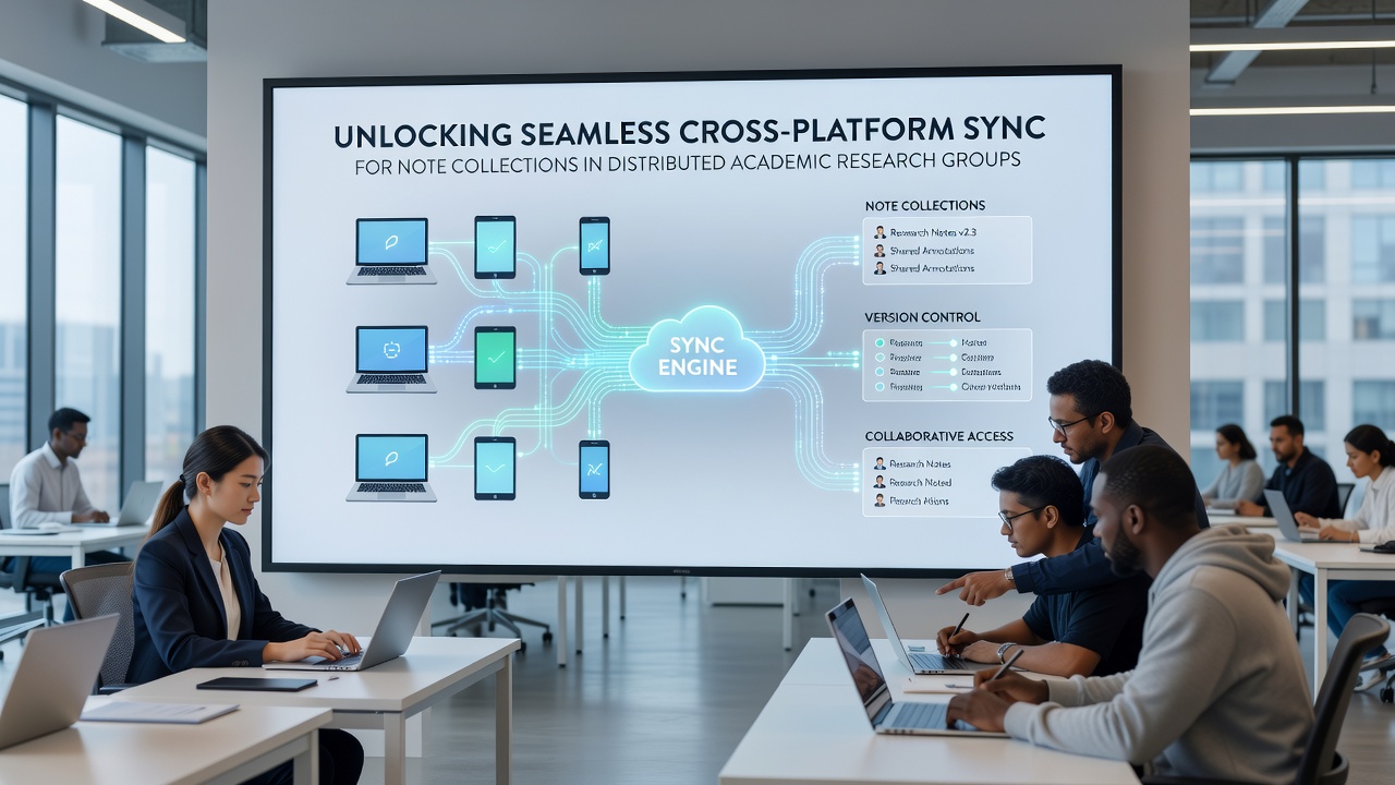 Academic researchers reviewing synchronized notes during a virtual team meeting across different platforms